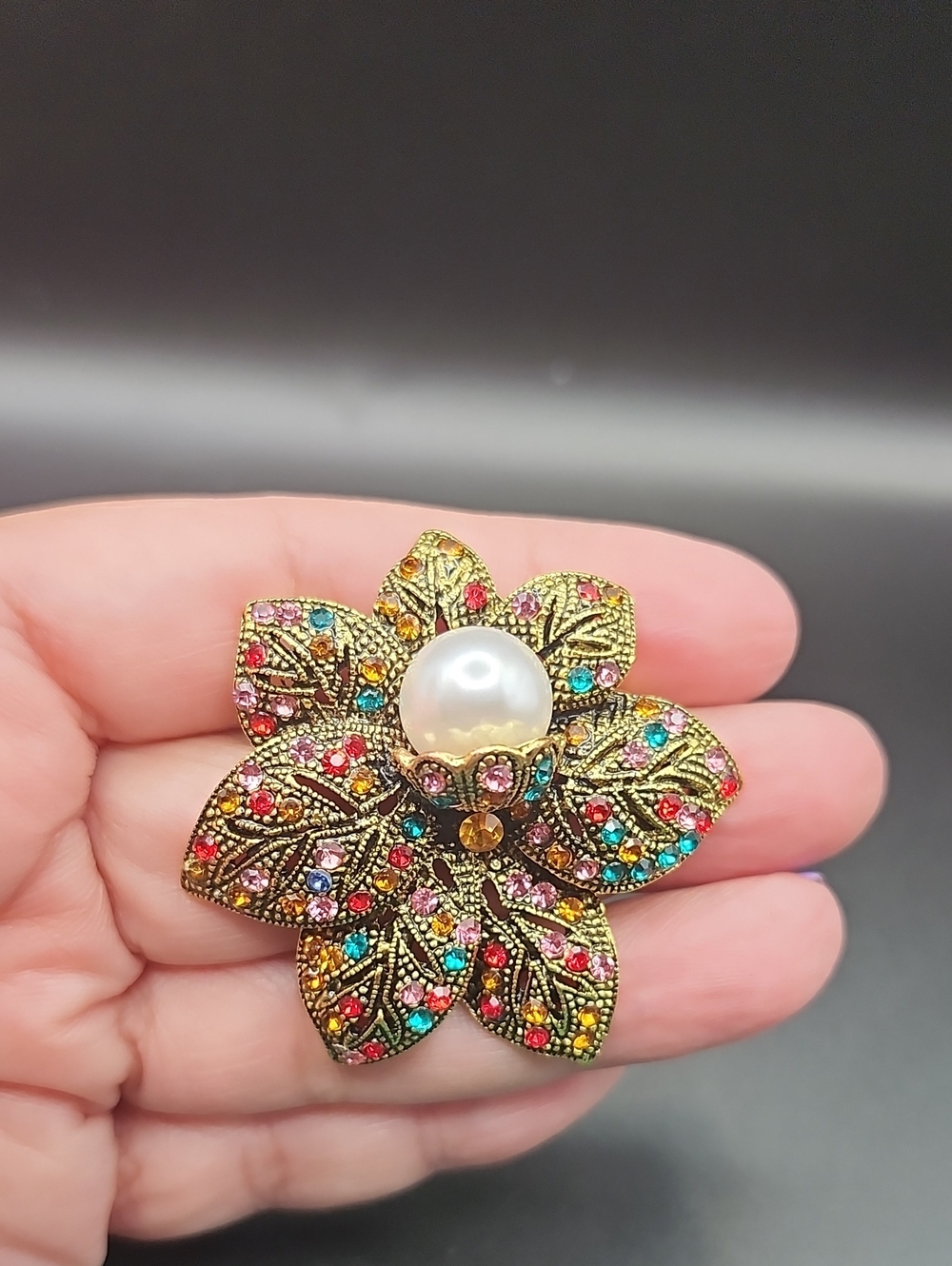 Gold-Tone Flower Brooch with Pearl and Multicolor Crystals